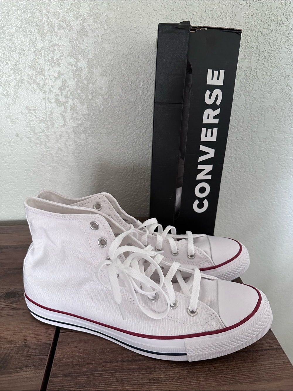 Converse White High Top Sneakers with Maroon Stripe